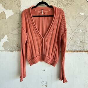 Free People Distressed Ribbed Cardigan Faded Rose Pink Button Front Sweater M